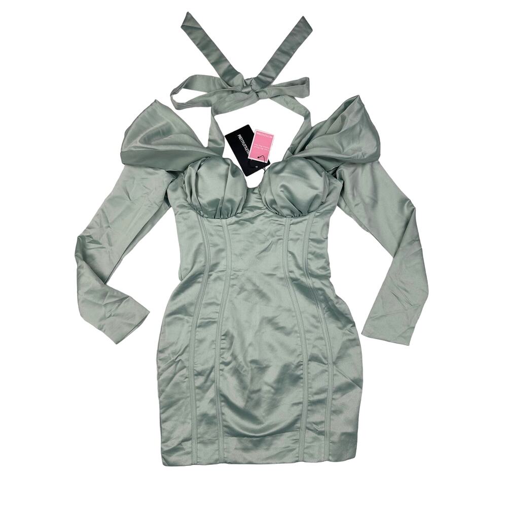 Pretty Little Thing - Constructed Satin Draped Bardot Bodycon Dress in Sage